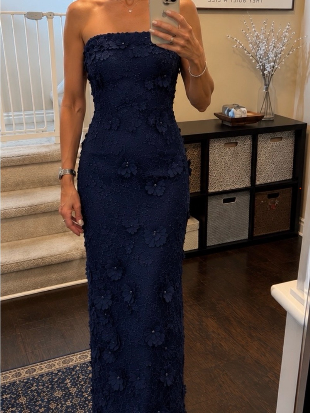 Azazie Navy Strapless Floral Lace Sheath Dress